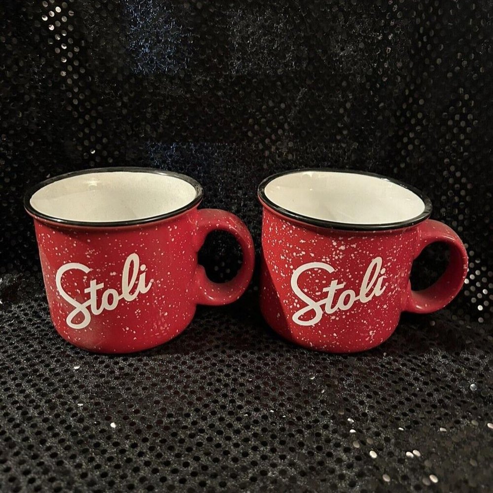 LOT of 2 Stolichnaya Vodka Large Red Camp Style STOLI Ceramic 16oz. Coffee Mugs